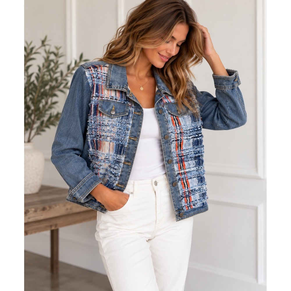Ramy Brook Tweed Mixed Media Denim Jacket Blue Multi Frayed Fringe Cropped L